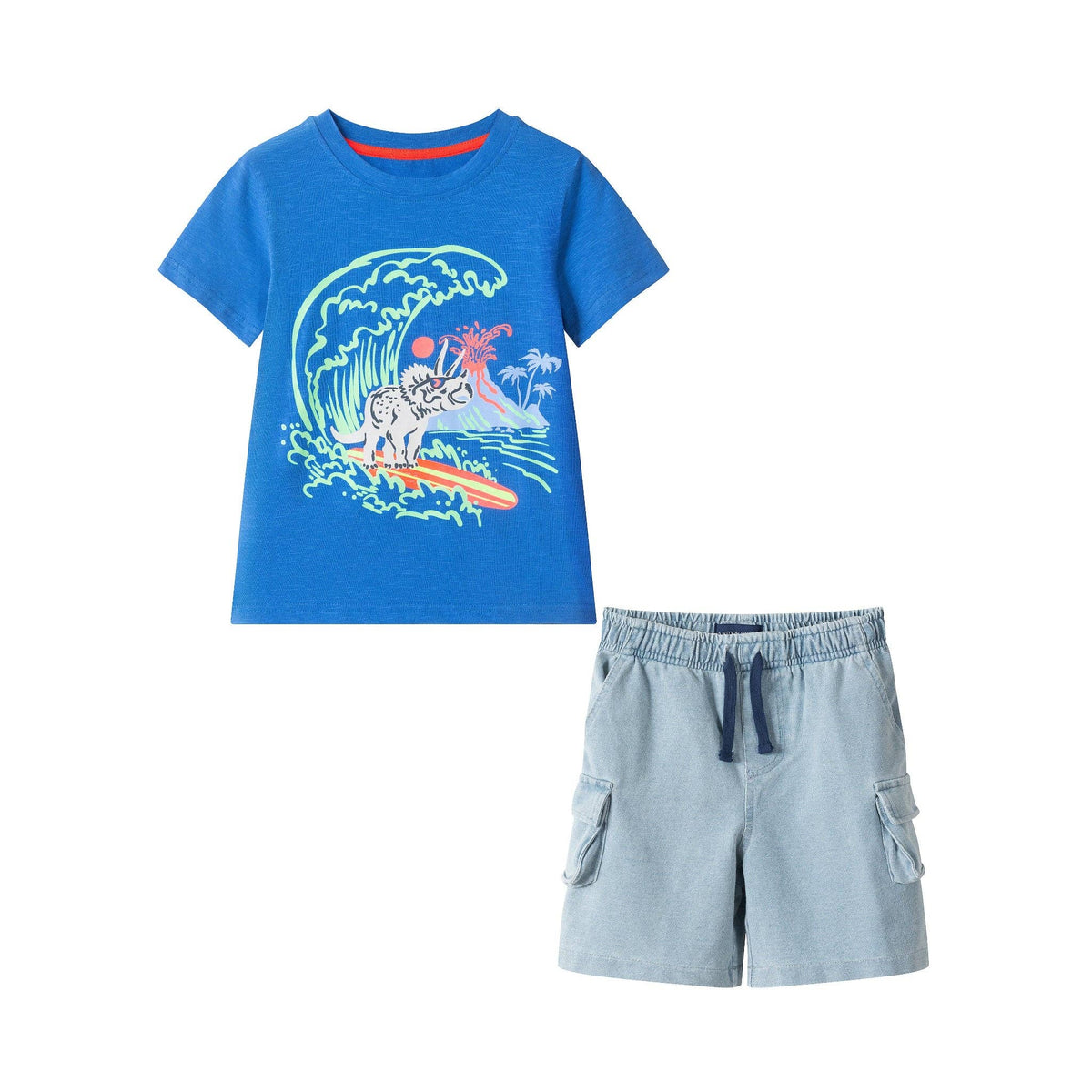 Boys Graphic Tee & Knit Denim Short Set | Surfing Dino-zoom-1