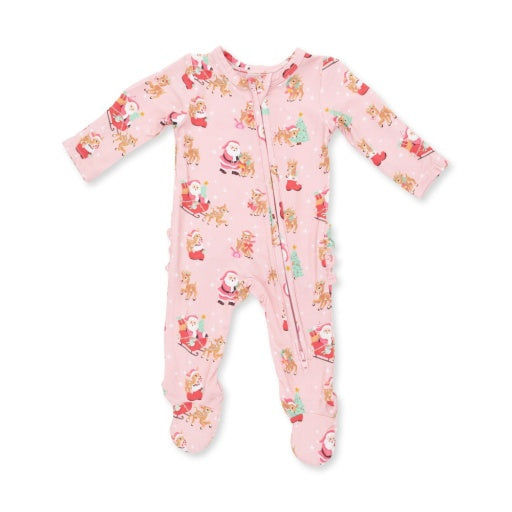 Vintage Reindeer & Santa Pink - 2 Way Zipper Footie